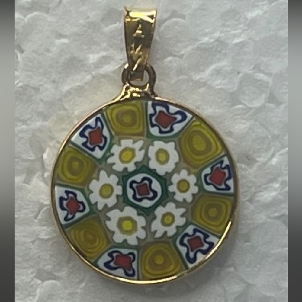 Vintage Millefiori Murano AMV floral pendant Yellow white red blue flowers box